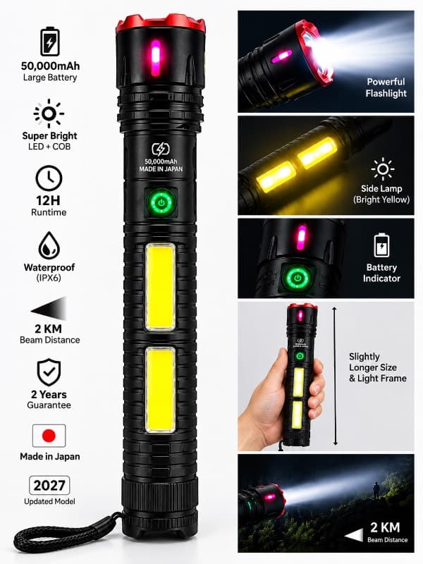 50,000mAh JAPANI Black body BIG TORCH LIGHT WITH POWER BANK(2 বছর গ্যারান্টি)